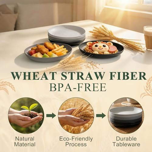 8 Inch Dinner Plates Set of 8, Wheat Straw Plates - BlackGrey - Image 3