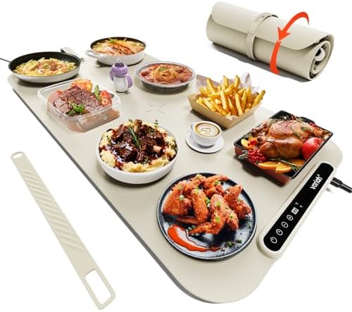 Warming Mat for Food,27.5x15.7" Large Electric Buffet Warming Tray, 7 Temp Levels, 99H Continuous Heat, ℉/℃ Switch, Patented Fast-Heat Design for Parties, Family Meals, Daily Use Apricot by Leteveryoneenjoylife