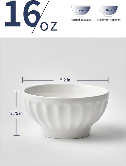 16 OZ Ceramic Soup/Cereal Bowls - White Bowls Set of 6 -Round Bowls for Cereal, Soup, Ice Cream, Fruit, Pasta, Salad, Rice - Dishwasher & Microwave Safe