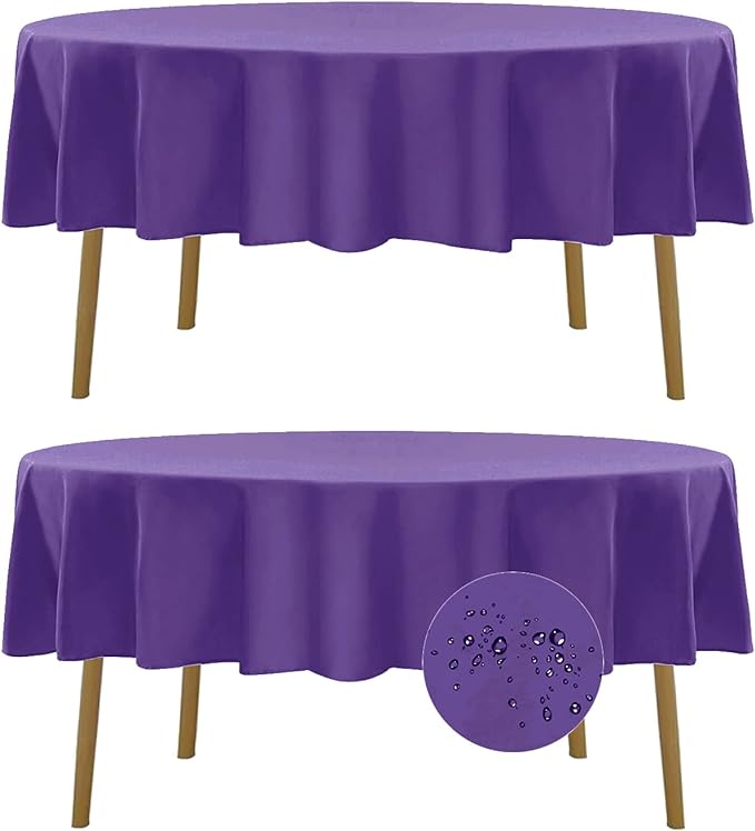 Fokitut 2 Pack Waterproof Round Tablecloth, 90 Inch, Stain Resistant and Wrinkle Polyester Table Cloth, Fabric Table Cover for Kitchen Dining, Wedding, Party, Holiday Dinner-Purple