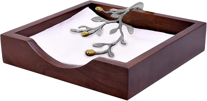 Napkin Holder - Solid Wood Brown Finish Home Decor & Kitchen Decor Table Countertop Serviette & Tissue Holder with Metal Ornament Arm in Silver Gold Finish - Indoor and Outdoor Use - Leaves Design