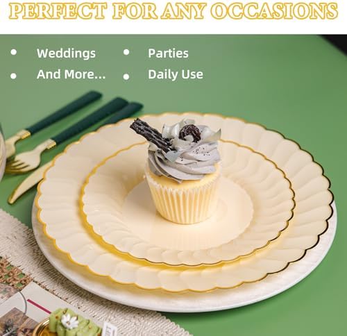Lullaby 60PCS Light Yellow Scalloped Plastic Plates with Gold Rim for Party - Image 5