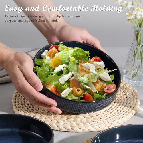 E-far Pasta Bowls Set of 4, 35oz Large Salad Bowl Plate for Dinner Serving, Wide & Shallow Ceramic Stoneware Pasta Plates, Microwave & Dishwasher Safe, Reactive Glaze Textured Stripes, Dark Blue - Image 3