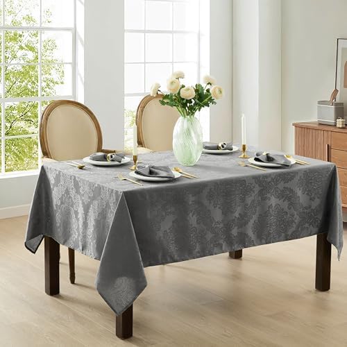Newbridge Barcelona Damask Fabric Tablecloth, 60 x 102 Inch Rectangle, Grey – No Iron, Soil Resistant Table Cover for Dining, Parties and Holidays - Image 2