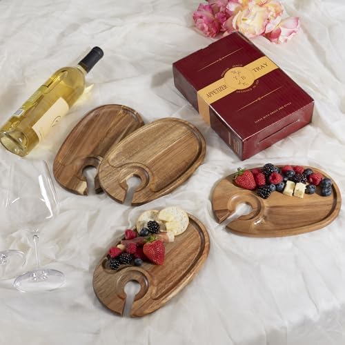 Wine Glass Holder Plates – Acacia Wooden Appetizer & Snack Plates for Party, Wine & Cheese Mini Charcuterie Boards, Set of 4 – Great Gift for Wine Lovers - Image 3