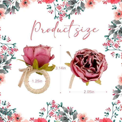 Handcraft Purple Flower Napkin Rings Set of 8, Peony Napkin Holder Floral Rings With Jute Bow Buckles for Summer, Wedding, Banquet, Birthday, Christmas, Valentine's, Thanksgiving Table Decoration - Image 5