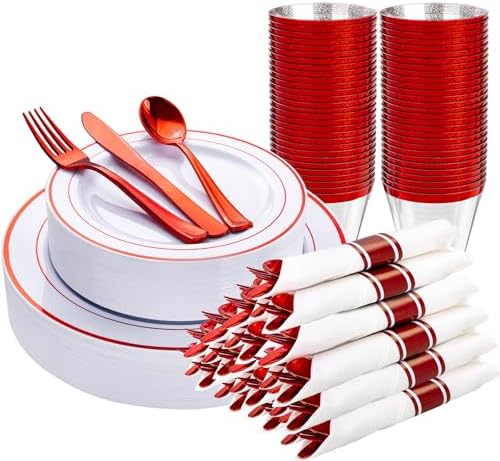 WELLIFE 210 Piece Red Plastic Dinnerware Set, Disposable Plates for Party,Include: 30 Dinner Plates, 30 Dessert Plates, 30 Pre Rolled Napkins with Gold Silverware and 30 Gold Cups by WELLIFE