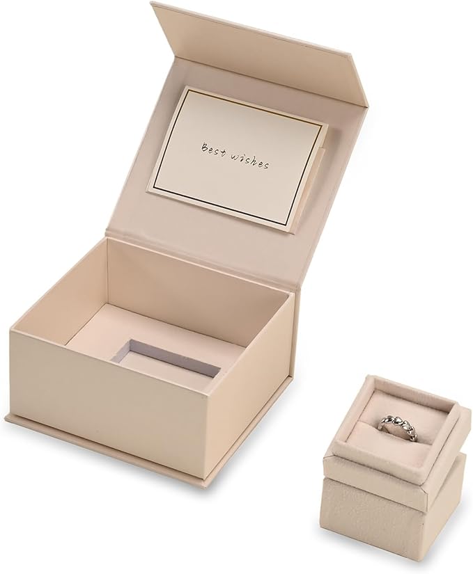 Oirlv Velvet Ring Gift Box with Exquisite Outer Packaging, Wedding Proposal Engagement Ring Box, Birthday Present Gift Box with Blank Greeting Card（White）
