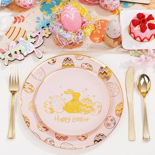 Liacere 150Pcs Easter Plates with Gold Bunny - Pink Plastic Dinnerware Includes 30 Egg and Rabbit 30 Dessert Plates, 30 Forks, 30 Spoons,30 Knives for Easter Party - Image 5