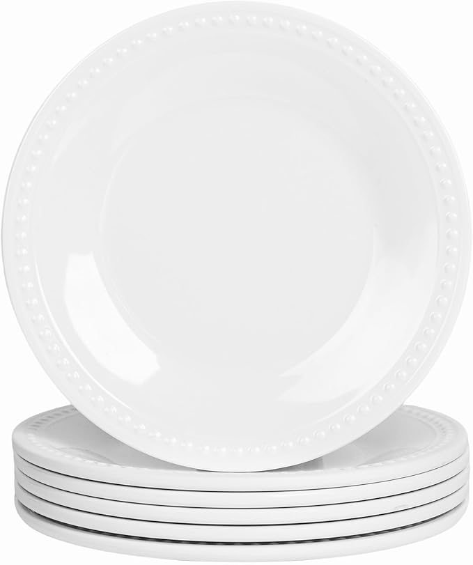 Melamine Beaded Dinner Plate Set of 6, 11inch, Basic White, BPA Free, Platter, Serving Dishes, Chip & Break Resistant, Lightweight, Melamine Dishes Set for Valentine's Day, Weddings & Everyday Meals