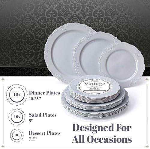 HEAVY DUTY PLASTIC PLATES SET | 10 Dinner Plates | 10 Salad Plates | 10 Dessert Plates | Elegant Plastic Dinnerware | Fine China Look | Upscale Wedding Dining (Vintage Collection - Grey) - Image 5