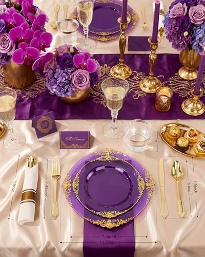 Nervure 350Pcs Purple Plastic Plates, Plastic Dinnerware Set for 50 Guests - Image 2