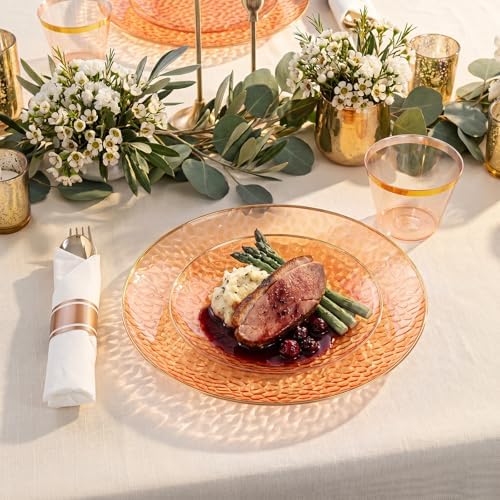 Rubtlamp 700Pcs Orange Gold Plastic Dinnerware Set, Hammered Clear Gold Plates, Fancy Plastic Plates Include 100 Dinner Platos, 100 Salad Platos, 100 Cups, 100 Pack Pre Rolled gold plastic Silverware - Image 6
