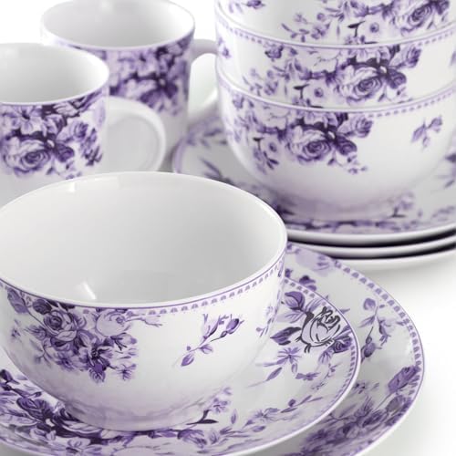 Elama Traditional Rose 16 Piece Porcelain Dinnerwar/Tableware Set, Service for 4 (Purple) - Image 6
