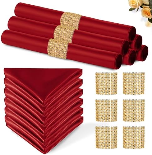 Red Satin Napkins and Napkin Rings Set, 100 Pack, 12 x 12 Inch by Eychei