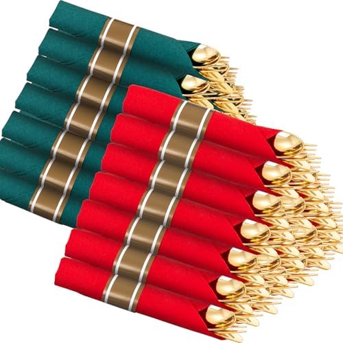 Supernal 240pcs Pre Rolled Plastic Silverware with Red and Green Napkins by supernal