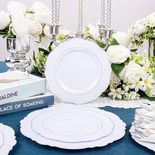 Liacere 175pcs Silver Plastic Plates - White and Silver Disposable - 25guest Baroque Plastic Dinnerware include 50Plates, 25Pack Pre Rolled Napkins with Silverware 25Cups for Wedding&Party&Easter Day - Image 7