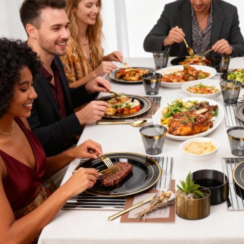 N9R 600PCS Black Gold Plastic Plates, Disposable Dinnerware Set for Party - Image 6
