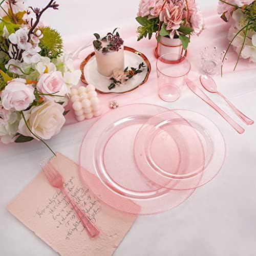 DaYammi 150Pcs Pink Plastic Plates with Silverware & Pink Cups for Party - Image 4