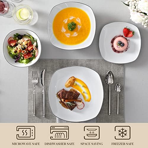MALACASA Dinnerware Sets, 24 Piece Porcelain Square Dishes, White with Black Rim Plates and Bowls Sets, Ceramic Dish Set for 6, Chip Resistant Dishware Sets, Series ELISA - Image 4