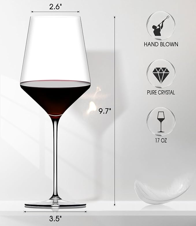 OJA Red Wine Glasses Set of 4, Hand Blown Premium Crystal Wine Glasses, 17 oz, Long Stem,Thin Rim, Perfect for Red or White, Daily Use, Unique Wedding Anniversary or Birthday Gift