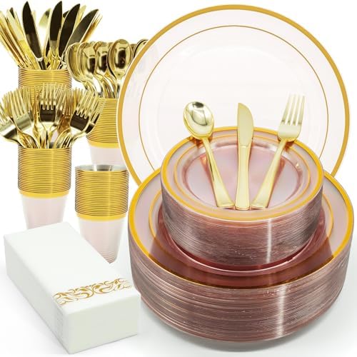 AIRE Pink Gold Plastic Plates Set, 350PCS Disposable Tableware for 50 by AIRE
