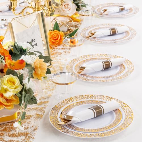 WELLIFE 50 Guests Dinnerware Sets, Gold Plastic Plates，Platos Para Fiestas Elegantes Desechables Include:50 Dinner Plates, 50 Dessert Plate, 150 Pcs Gold Plastic Silverware, 50 Cups for Party - Image 5