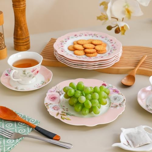 8.25" Floral Porcelain Dessert Plates Set of 6, Pink Rose - Image 7