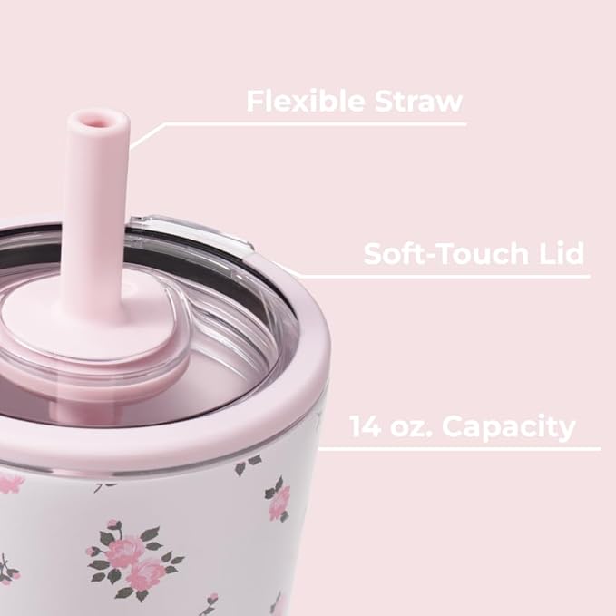 HydroJug Everyday Tumbler 14 oz – Ceramic-Lined Insulated Tumbler with Straw and Soft-Touch Lid, Cup Holder Friendly, Double-Wall Vacuum Insulation, Reusable Travel Cup – Wildrose