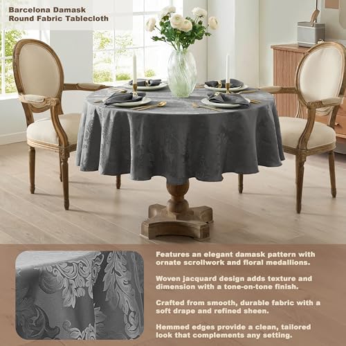 Newbridge Barcelona Damask Fabric Tablecloth, 70 Inch Round, Grey – No Iron, Soil Resistant Table Cover for Dining, Parties and Holidays - Image 3