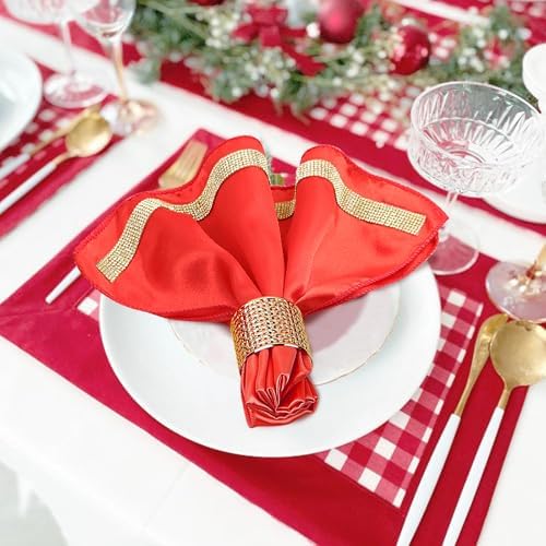 VIJIV 12 Pack Cloth Napkins and Gold Napkin Rings Set of 6, 17x17 Bling Trim Satin Cocktail Napkins Cloth Washable Personalized Dinner Napkins for Wedding Party Holiday Decorative - Image 5