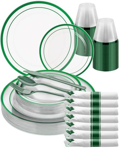 Goodluck 175 Pcs Clear Green Disposable Plastic Plates, Plastic Silverware by GoodLuck