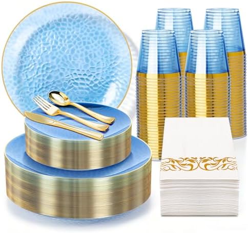 350PCS Blue Plastic Dinnerware Set, Blue and Gold Plastic Plates by Unknown
