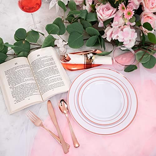 WELLIFE 350 Pieces Rose Gold Plastic Dinnerware, 50 Guests Disposable Plates with Rose Gold silverware and Cups, 50 Pre Rolled Napkins with Cutlery, Perfect for Wedding and Party - Image 5