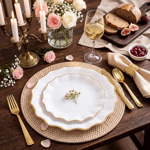 Rubtlamp Heavyduty 60Pcs Gold Plastic Plates - White Scalloped Plates with Gold Trim - Fancy plastic plates- 30 Dinner & 30 Dessert Platos for Party, Wedding (30 Guests) - Image 4