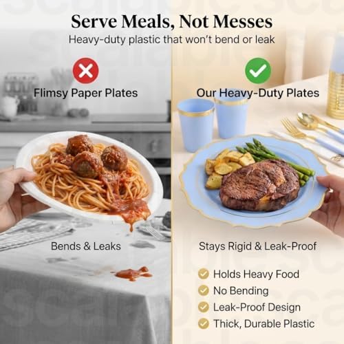 Baby Blue & Gold Disposable Plates Dinnerware Set for 25 Guests, 175-Pc Heavy Duty Plastic Plates, 10 oz Cups, Cutlery & Napkins, BPA-Free Party Supplies for Baby Shower, Wedding & Birthday - Image 2