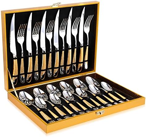 Hammered Silver Gold Silverware Set, OGORI 24-Piece 18/10 Stainless Steel Flatware Set, Service of 6 by OGORI
