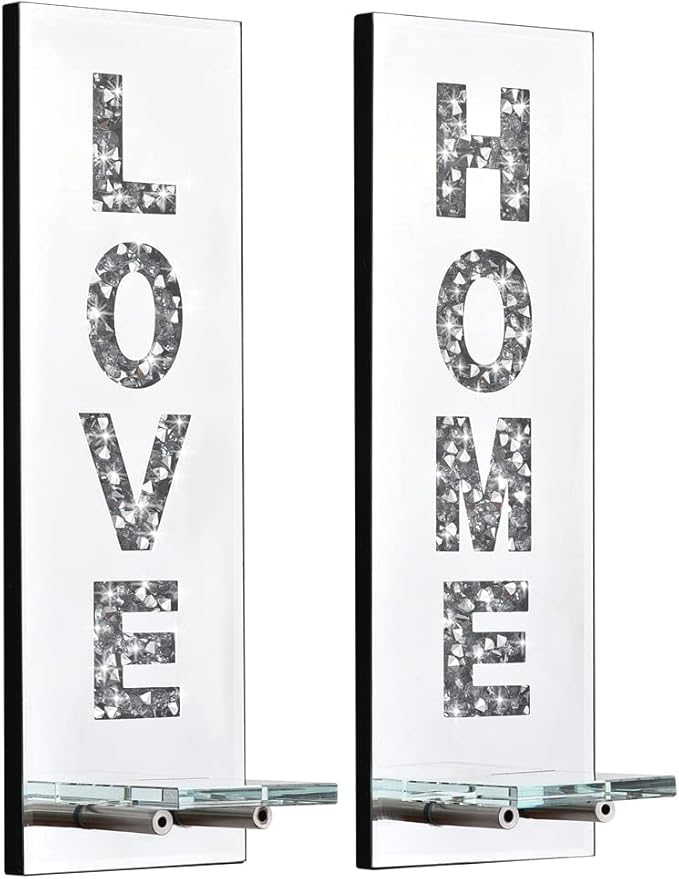 Pibeyer Crystal Crush Diamond Wall Candle Holder Set of 2, Silver Mirrored Candle Sconces Wall Decor, Love & Home Letter Home Decoration for Living Room，Dining Room and Bedroom