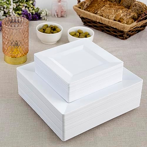 SETUP 60-Piece White Square Plastic Dinnerware Set – 30 9.5" Dinner & 30 6.5" Salad Plates – Heavy-Duty Disposable for Weddings, Catering, Parties - Image 3