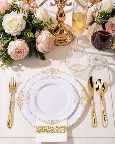 Morejoy 350PCS White and Gold Plastic Plates,Gold Plastic Dinnerware Sets - Image 2