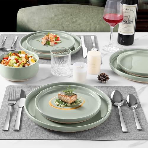 LIANYU Plates and Bowls Sets, 18 Piece Modern Speckled Dinnerware Set, China Dinnerware Dishes, Service for 6, Scratch Resistant & Dishwasher Safe, Fog Green - Image 4