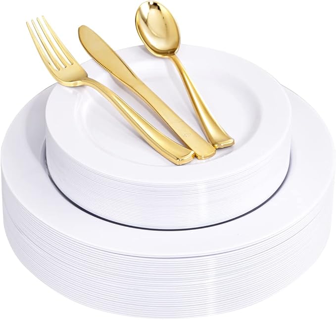 U-QE 150PCS White Plastic Plates with Gold Cutlery - Include 60 Dinner and Dessert Plates, 30 Forks, 30 Knives, 30 Spoons, Ideal for Wedding and Party