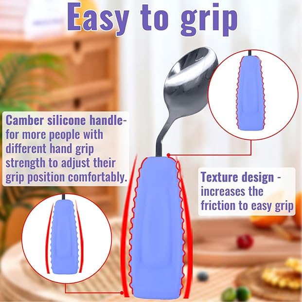 Adaptive Utensils Angled Spoon and Fork for Hand Tremors Parkinsons,Weighted Utensils with Non-Slip Easy Grip Handles for Independent Eating (1pcs Spoon+1pcs Fork=2 pcs,Purple,Left Hand)