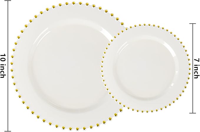 EI 60pcs Beige Plastic Plates with Gold Rim,Ivory Disposable Plates,Heavy Duty Fancy Plastic Plate,10.25" Dinner & 7.5" Dessert Plate Elegant for Party,Wedding,Birthday,Spring,Afternoon tea