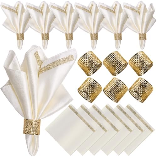 VIJIV 12 Pack Cloth Napkins and Gold Napkin Rings Set of 6, 17x17 Bling Trim Satin Cocktail Napkins Cloth Washable Personalized Dinner Napkins for Wedding Party Holiday Decorative by VIJIV
