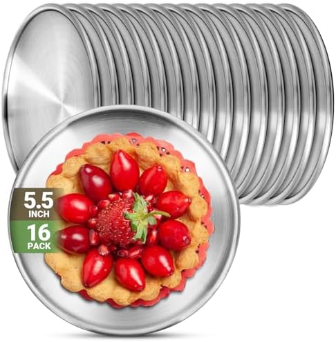 Stainless Steel Plates, 16 Pack 5.5 inch 304(18/8) Metal Food Serving Plate Set, Reusable Snack Eating Dishes Round Shatterproof Plate Silver Dinnerware for BBQ Dinner Oven Dishwasher Safe by Offiper