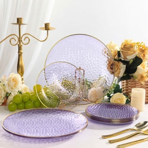 realluck 100Pcs Clear Purple Plastic Plates with Gold Rim - Image 2