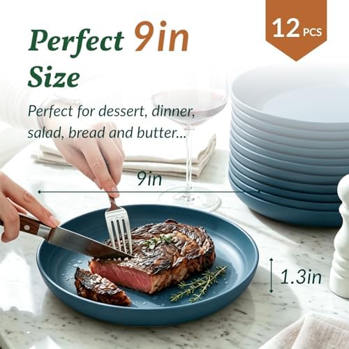 Homienly Unbreakable Salad Plates 12 PCS Wheat Straw Deep Plates 9 Inch Plastic Plates for Dessert, Bread & Butter, Breakfast Kitchen Plates for Camping Microwave & Dishwasher Safe Plates (Blue) - Image 2