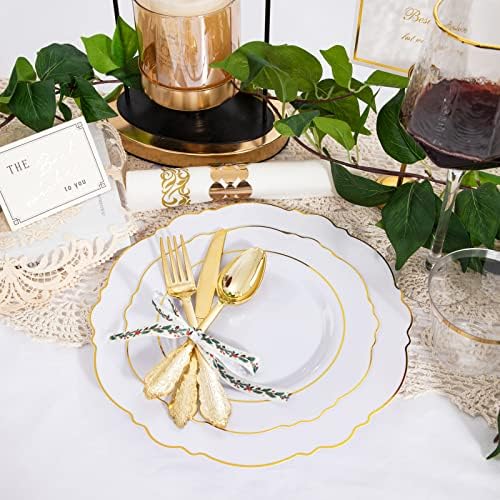 WDF Partyware 350 Pieces Gold Disposable Plates for 50 Guests, Fall Plastic Plates, Dinnerware Set of 50 Dinner Plates, 50 Salad Plate, 50 Spoons, 50 Forks, 50 Knives, 50 Cups for Thanksgiving Party - Image 4