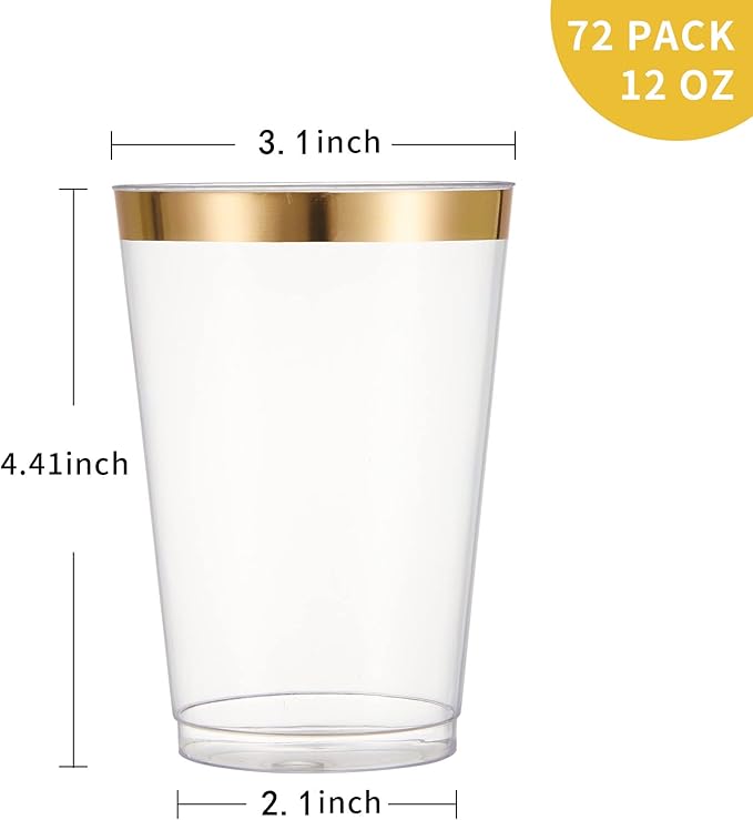 N9R 72PCS Gold Plastic Cups, 12OZ Clear Plastic Cups with Gold Rim, Disposable Cups Perfect for Parties, Wedding and Birthday